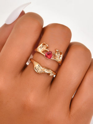 Gold red CZ stone Band Holding Hand Stylish Ring set For Girl nd Women