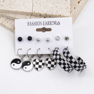 Destiny Jewels Simple Black and White Checkerboard Love Heart Drop Hoop and Stud Earrings Set For Women & Girls