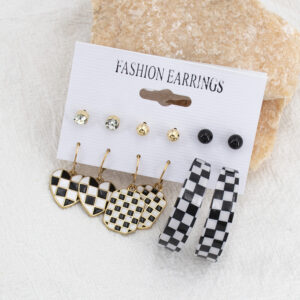 Destiny Jewels Gold Plated Simple Black and White Checkerboard Love Heart Drop Hoop and Stud Earrings Set For Women & Girls