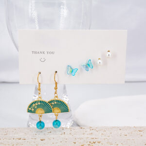 Gold Plated Fan Charm Drop Earrings Butterfly Stud Earrings Set For Women & Girls